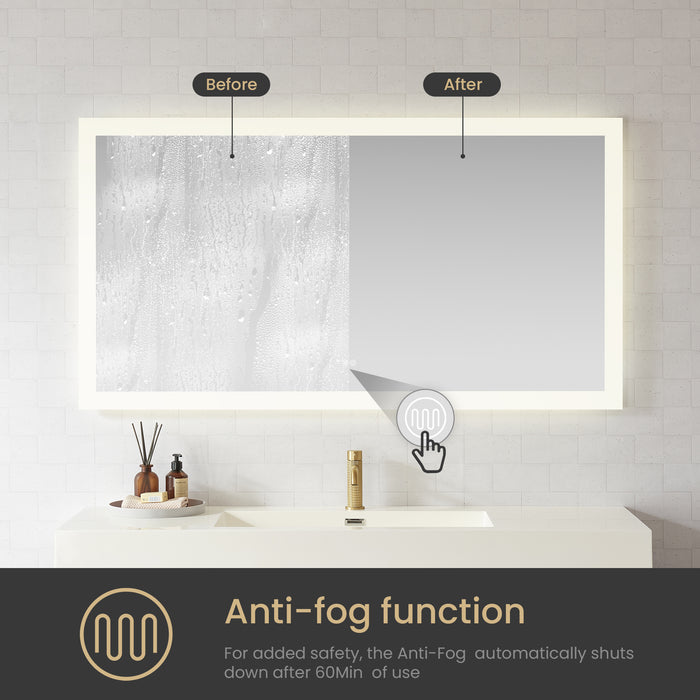 60-Inch Azura Acrylic Rectangular LED Mirror - Frameless Anti-Fog Wall Mount Bathroom Vanity Mirror