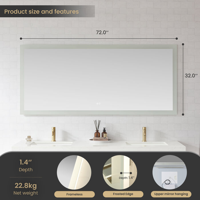72x32 Azure Rectangular Aluminum LED Bathroom Vanity Mirror - Frameless Anti-Fog Wall Mount