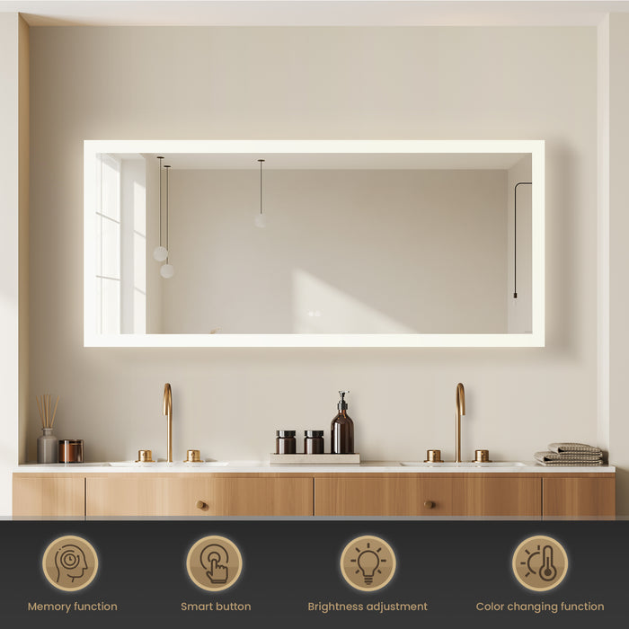 72x32 Azure Rectangular Aluminum LED Bathroom Vanity Mirror - Frameless Anti-Fog Wall Mount