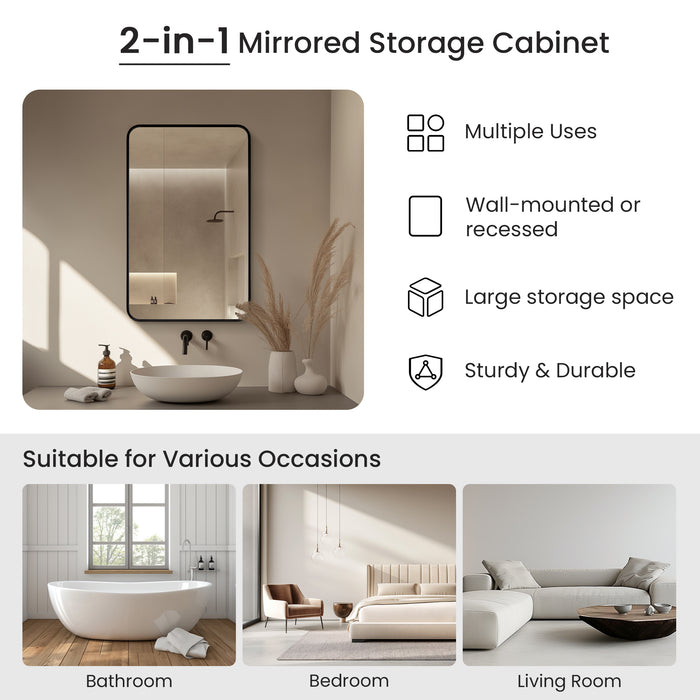 Overlook 20x32 Bathroom Cabinet – Wall-Mount Brushed Black Aluminum Framed Mirror