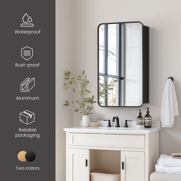 Overlook 20x32 Bathroom Cabinet – Wall-Mount Brushed Black Aluminum Framed Mirror