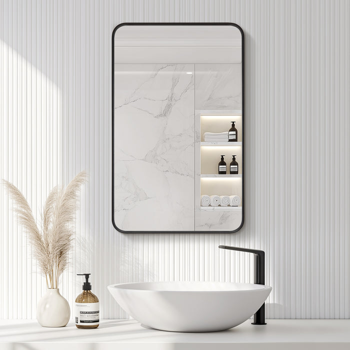 Overlook 20x32 Bathroom Cabinet – Wall-Mount Brushed Black Aluminum Framed Mirror