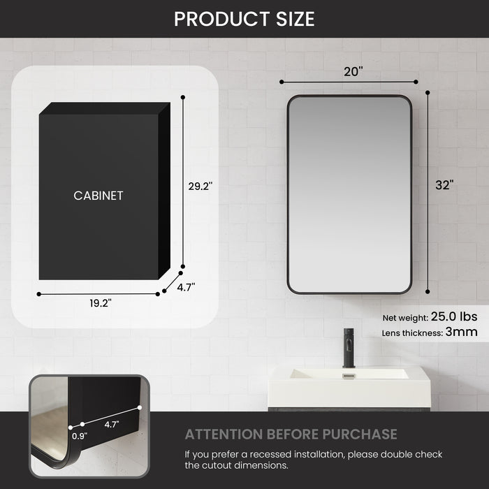 Overlook 20x32 Bathroom Cabinet – Wall-Mount Brushed Black Aluminum Framed Mirror