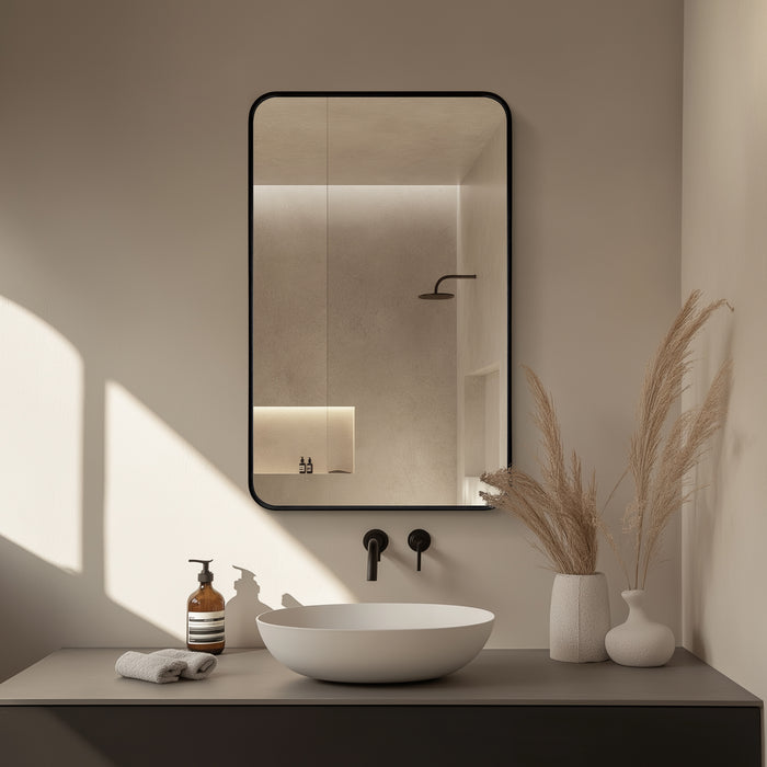 Overlook 20x32 Bathroom Cabinet – Wall-Mount Brushed Black Aluminum Framed Mirror