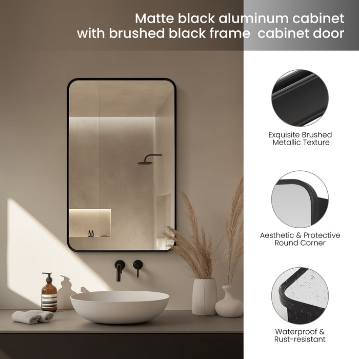 Overlook 20x32 Bathroom Cabinet – Wall-Mount Brushed Black Aluminum Framed Mirror