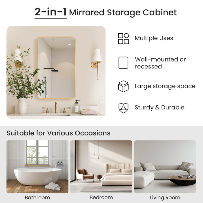 Pacifica Brushed Gold Mirror Cabinet – 20" W x 32" H Aluminum Medicine Cabinet for Modern Bathrooms