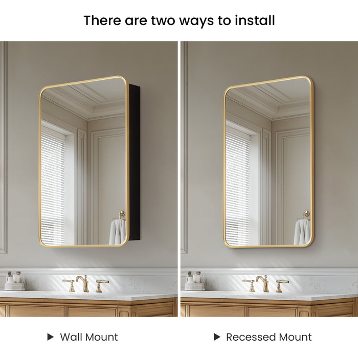 Pacifica Brushed Gold Mirror Cabinet – 20" W x 32" H Aluminum Medicine Cabinet for Modern Bathrooms
