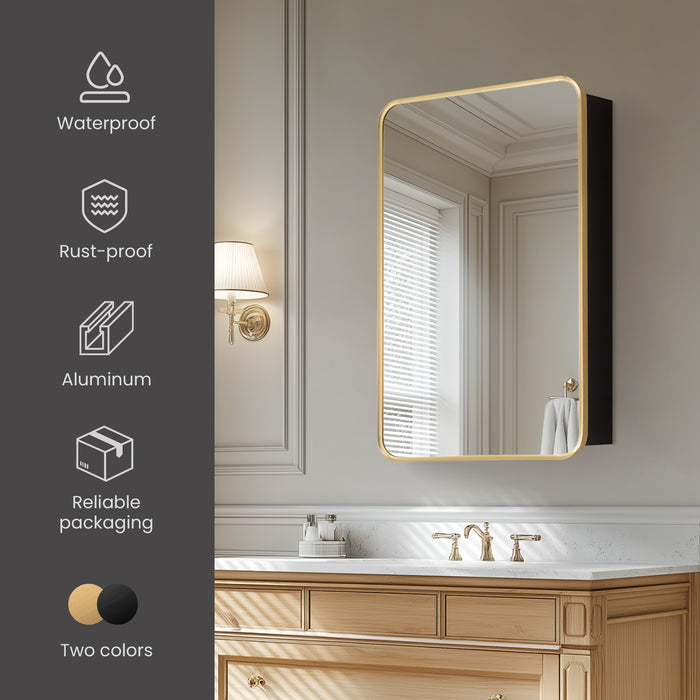 Pacifica Brushed Gold Mirror Cabinet – 20" W x 32" H Aluminum Medicine Cabinet for Modern Bathrooms