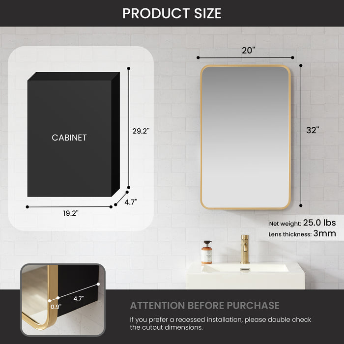 Pacifica Brushed Gold Mirror Cabinet – 20" W x 32" H Aluminum Medicine Cabinet for Modern Bathrooms