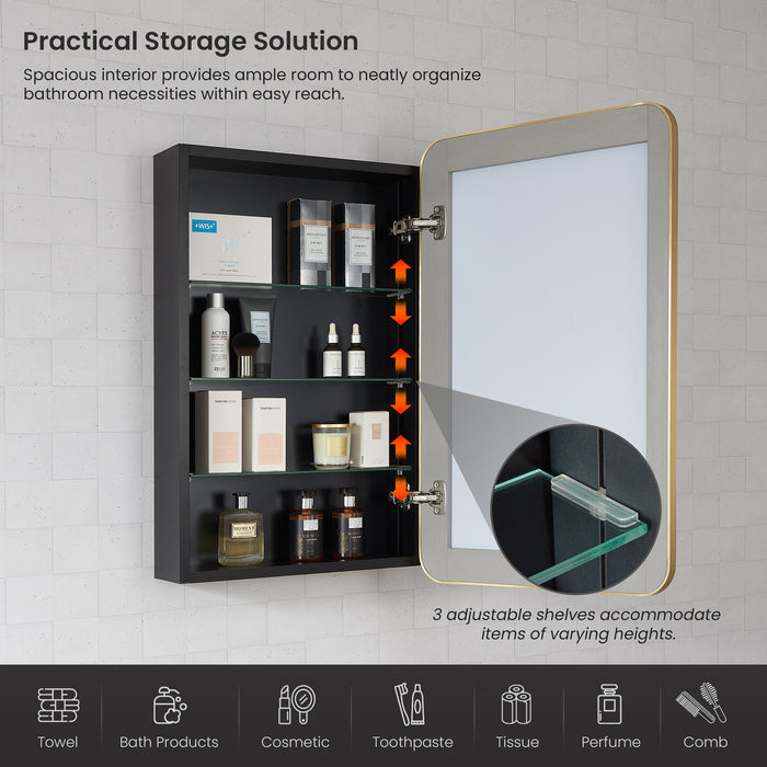 Pacifica Brushed Gold Mirror Cabinet – 20" W x 32" H Aluminum Medicine Cabinet for Modern Bathrooms