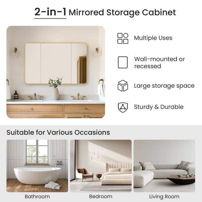 Pavois Modern Bathroom Cabinet – 48" W x 32" H Brushed Gold Aluminum Framed Mirror with Shelving