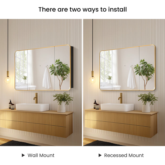 Pavois Modern Bathroom Cabinet – 48" W x 32" H Brushed Gold Aluminum Framed Mirror with Shelving