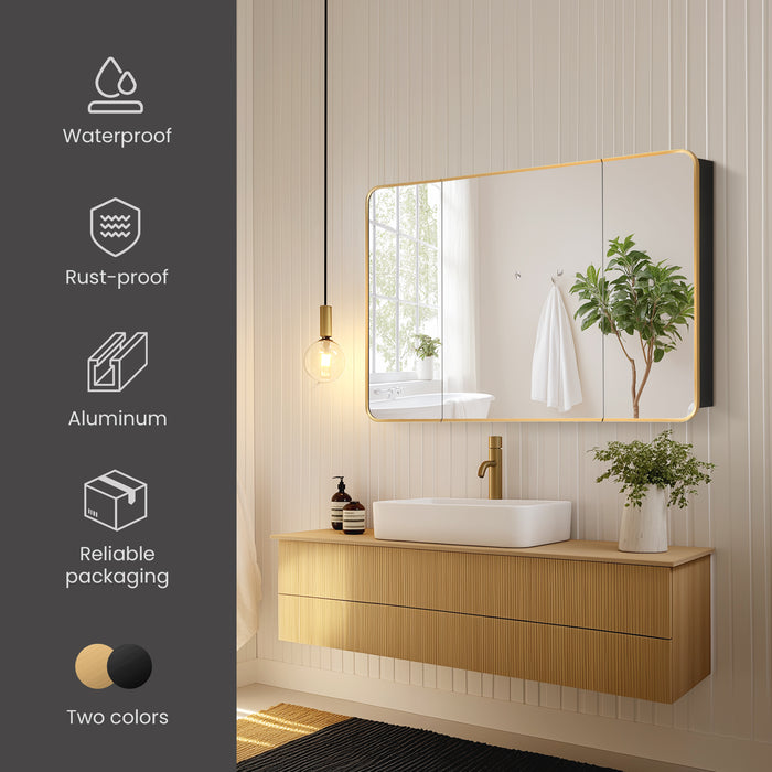 Pavois Modern Bathroom Cabinet – 48" W x 32" H Brushed Gold Aluminum Framed Mirror with Shelving