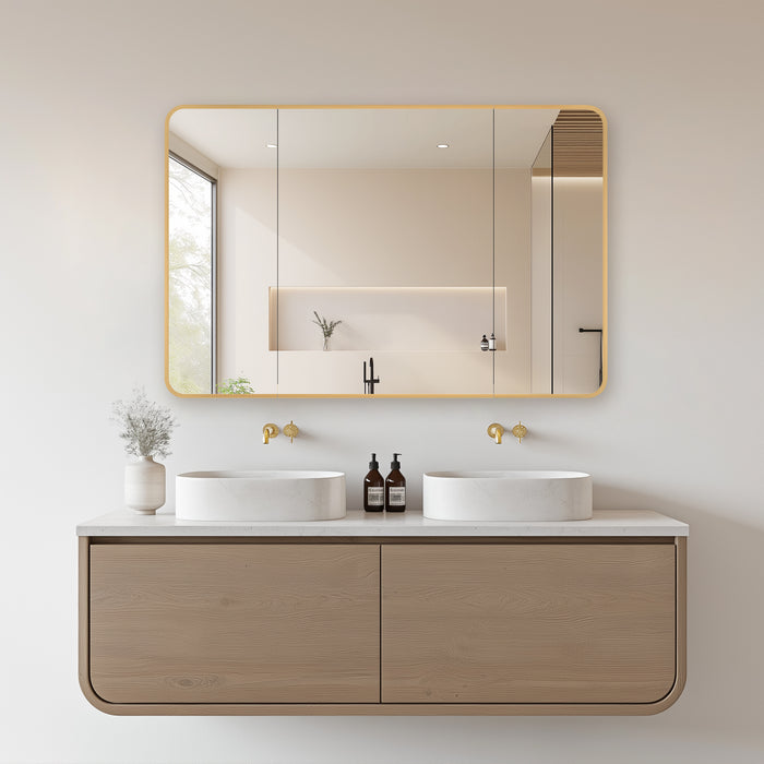 Pavois Modern Bathroom Cabinet – 48" W x 32" H Brushed Gold Aluminum Framed Mirror with Shelving