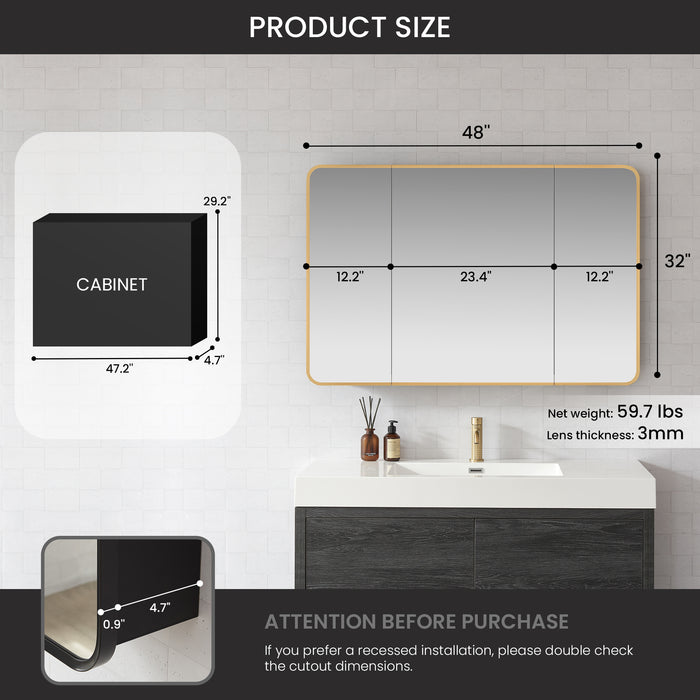 Pavois Modern Bathroom Cabinet – 48" W x 32" H Brushed Gold Aluminum Framed Mirror with Shelving