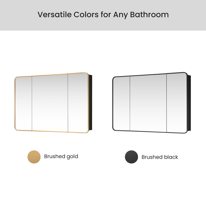 Pavois Modern Bathroom Cabinet – 48" W x 32" H Brushed Gold Aluminum Framed Mirror with Shelving