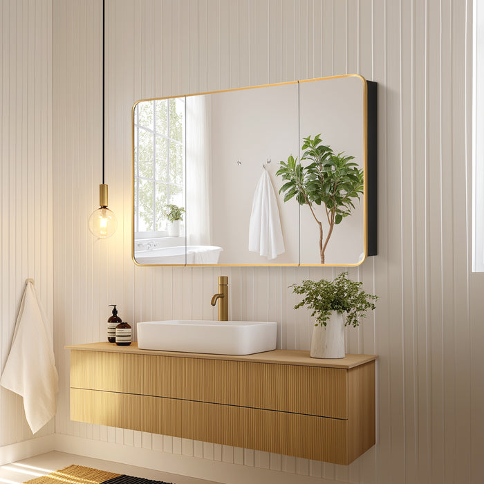 Pavois Modern Bathroom Cabinet – 48" W x 32" H Brushed Gold Aluminum Framed Mirror with Shelving