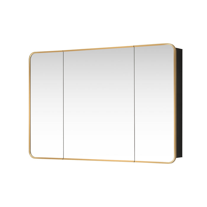 Pavois Modern Bathroom Cabinet – 48" W x 32" H Brushed Gold Aluminum Framed Mirror with Shelving