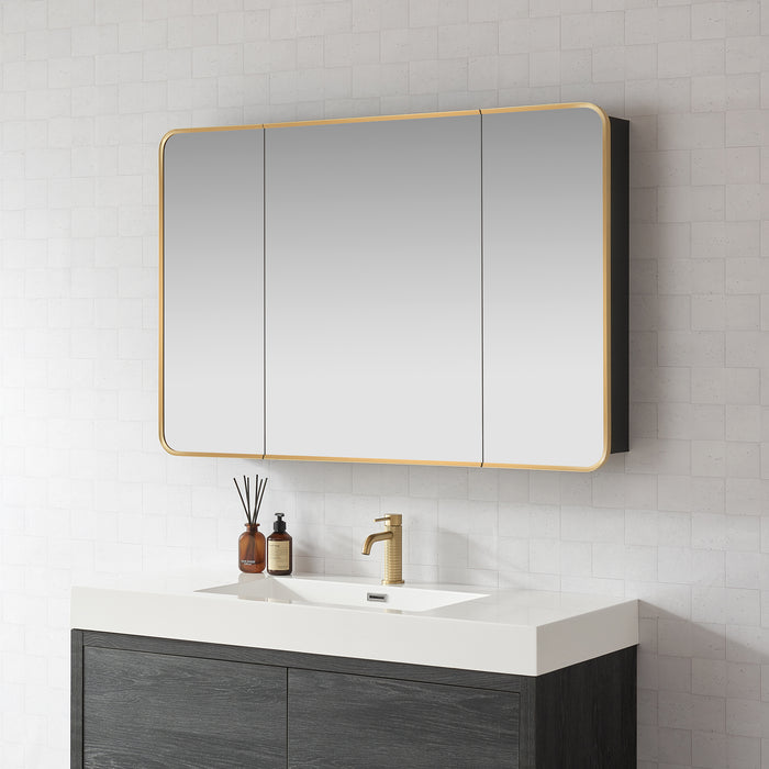 Pavois Modern Bathroom Cabinet – 48" W x 32" H Brushed Gold Aluminum Framed Mirror with Shelving