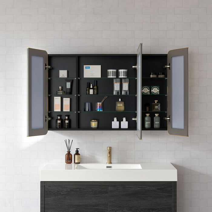 Pavois Modern Bathroom Cabinet – 48" W x 32" H Brushed Gold Aluminum Framed Mirror with Shelving