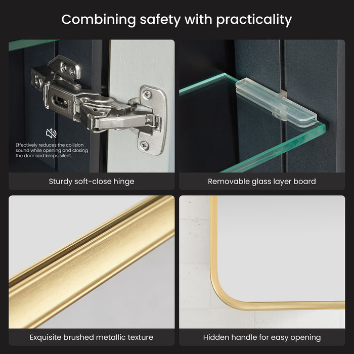 Pavois Modern Bathroom Cabinet – 48" W x 32" H Brushed Gold Aluminum Framed Mirror with Shelving