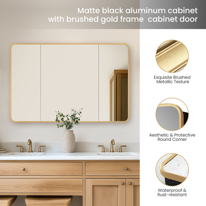 Pavois Modern Bathroom Cabinet – 48" W x 32" H Brushed Gold Aluminum Framed Mirror with Shelving