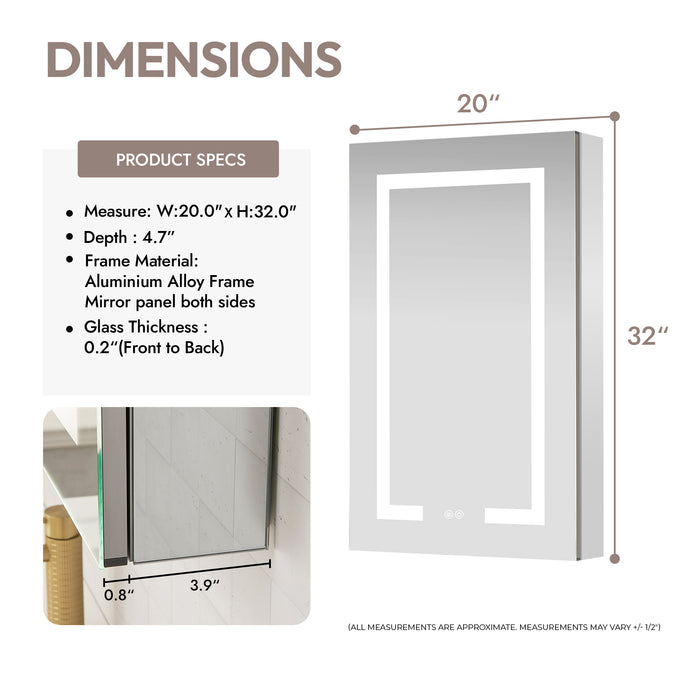 Liora LED Mirror Cabinet – 20x32 Rectangular Frameless Medicine Cabinet with Lights