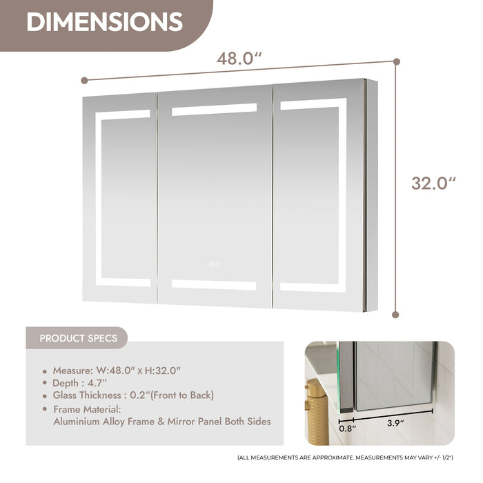 Loxley Lighted Bathroom Mirror Cabinet – 48" x 32" Aluminum Frameless Design with Soft-Close Doors
