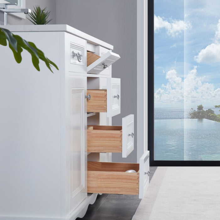 Arielle 48" White Wood Single Sink Vanity Cabinet - Artificial Stone Countertop, Soft-Close Doors & 5 Drawers