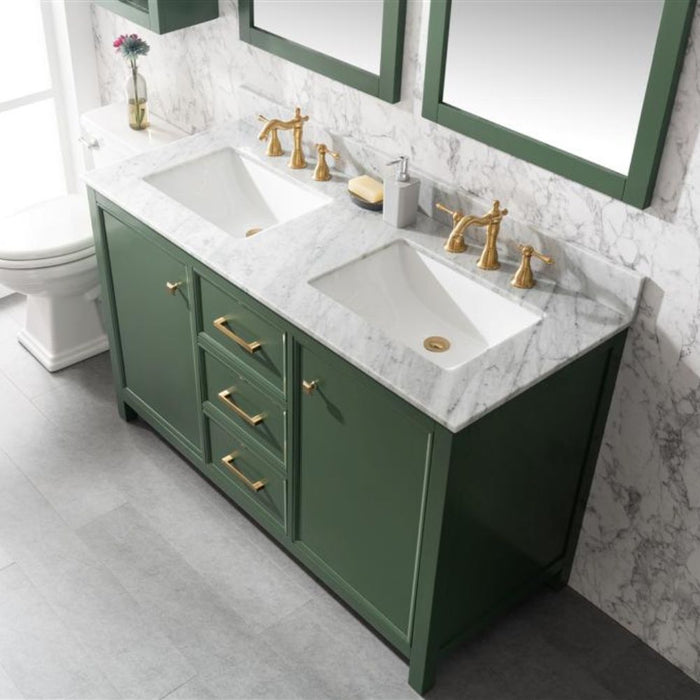 Monte 54" Green Wood Double Vanity Cabinet - With White Carrara Marble Top
