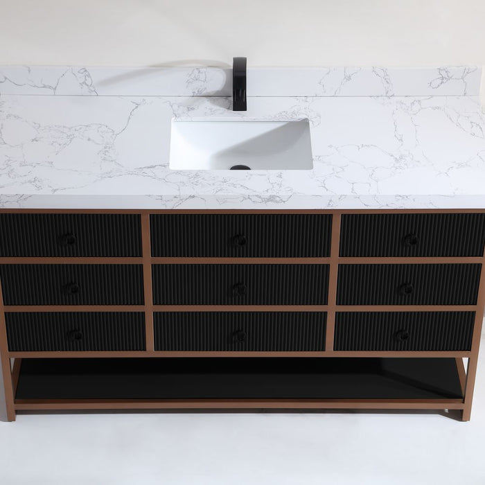 Alena 60" Single Tricorn Black Golden Brush Vanity – Contemporary Oak Frame with White Stone Top