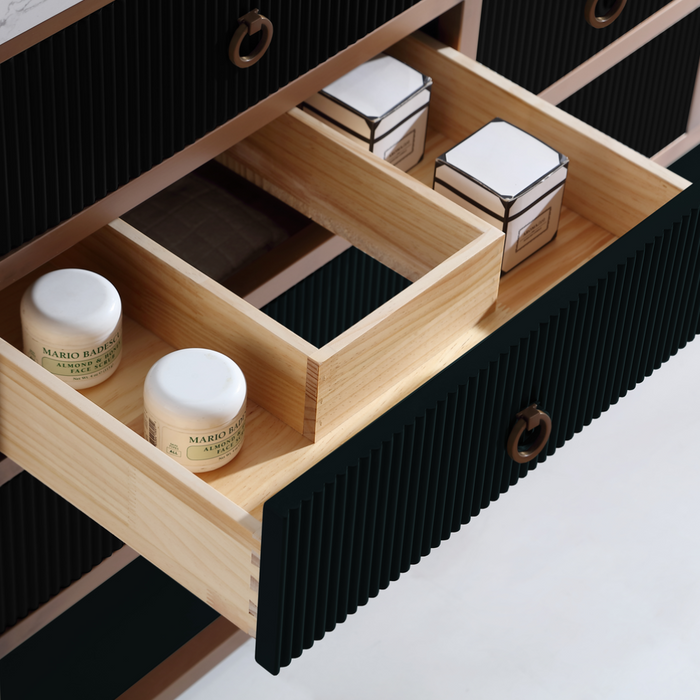 Venza 60" Double Vanity Golden Brush Stainless Steel Frame Tricorn Black Oak Wood – Modern Bathroom Vanity with 2" White Natural Marble Top