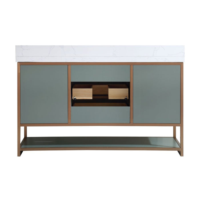 Annetha 60" Single Vanity Pewter Green Golden Brush Stainless Steel Frame – Modern Bathroom Vanity with 2" White Natural Stone Top