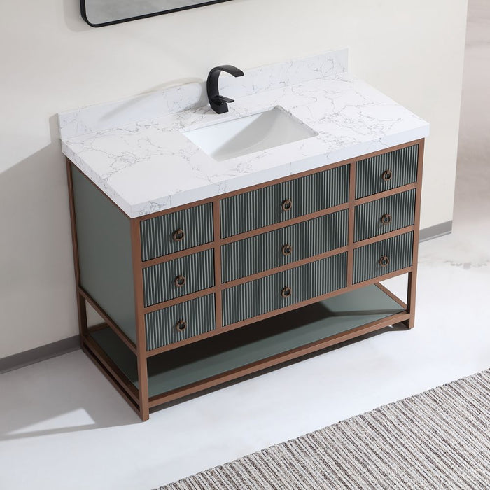 Luxury Line 48" Pewter Green 8-Drawer Bathroom Vanity – Golden Brush Steel Frame Thick White Artificial Stone