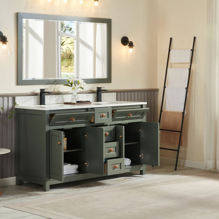 Mathias 60" Pewter Green Wood Bathroom Vanity with 1" Stone Countertop Undermount Sink Soft Close Hardware