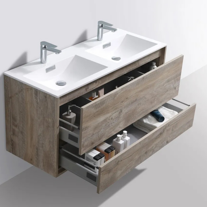 DeLusso 48" Double Sink Nature Wood Wall Mount Modern Bathroom Vanity