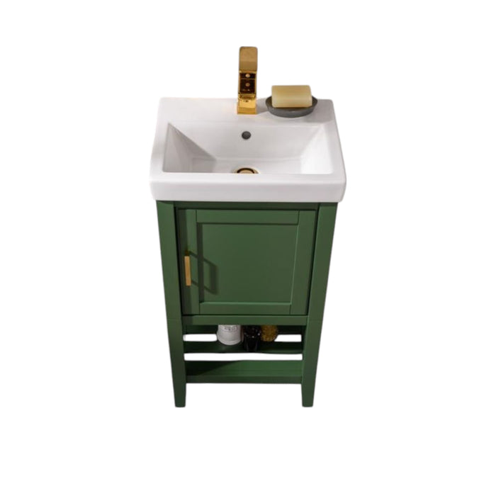 18" Aura Green Sink Vanity Unit – White Ceramic Top with Door Storage