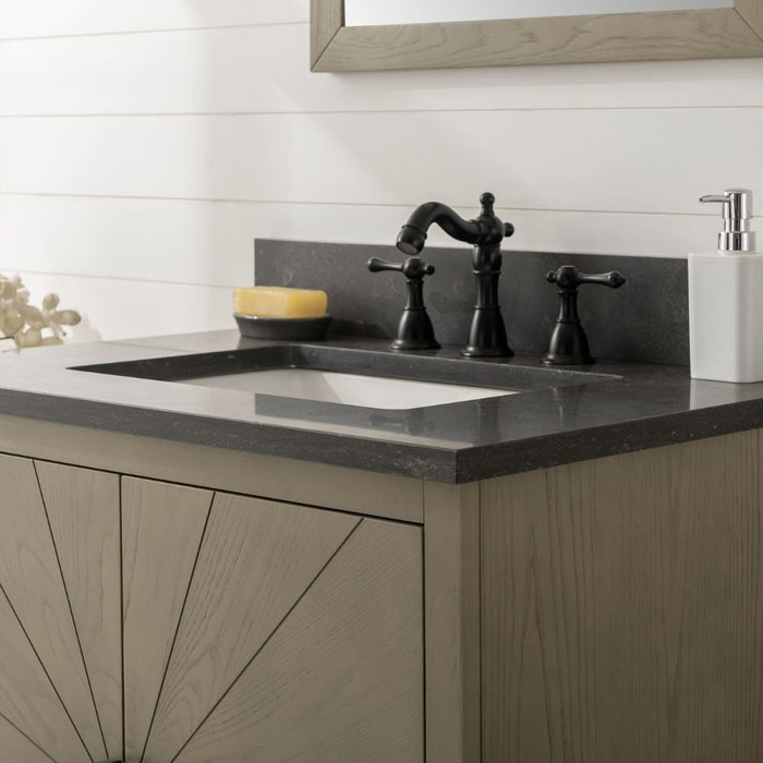 Hawley 30" Antique Gray Oak Bathroom Vanity – Blue Limestone Countertop with Soft Close Hardware