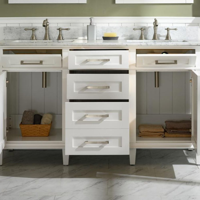 Sandrine 60" White Wood Double Vanity – Carrara Top & Storage Drawers