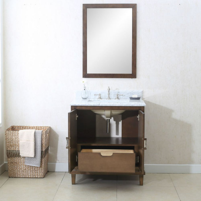 Odette 30" Antique Coffee Bathroom Vanity Cabinet – White Carrara Top Pre-Drilled for Faucets