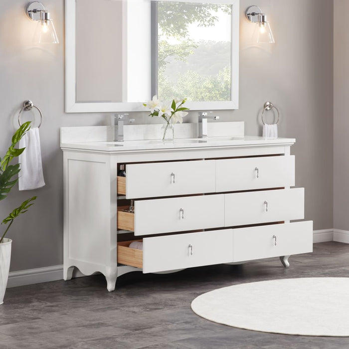 Samuel Classic 60" White Solid Wood Bathroom Vanity - Single Undermount Sink with Artificial Stone Top & 6 Dovetail Drawers