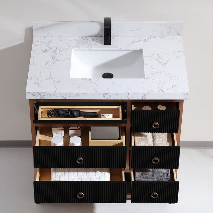 FusionBath Premium 36" Tricorn Black Oak Wood Vanity – Golden Brushed Steel Frame with White Artificial Stone Top & Soft-Close Drawers