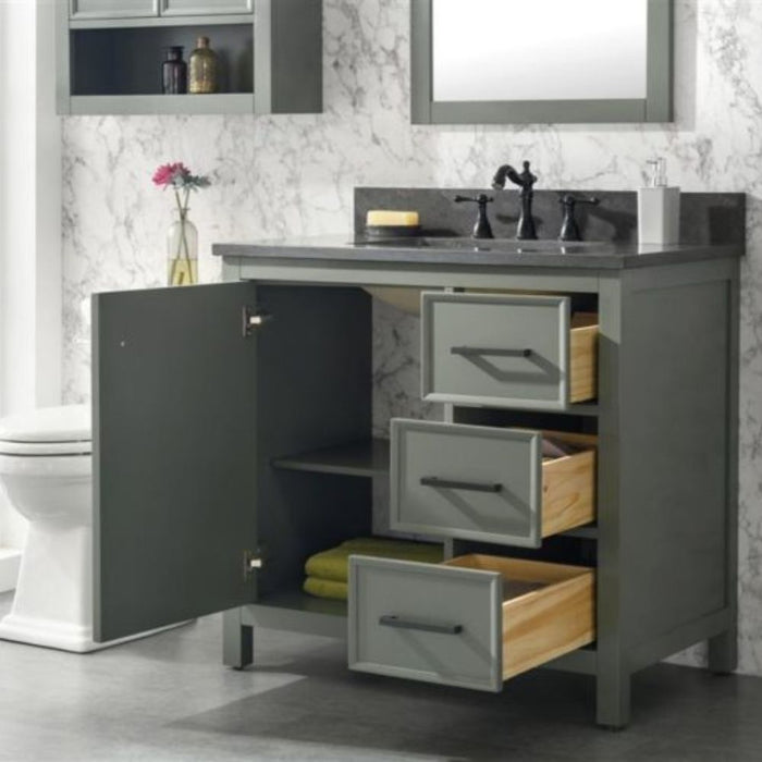 Sohan 36" Single Sink Vanity in Pewter Green - Blue Limestone Top, Pre-Drilled, 3 Drawers with Organizer