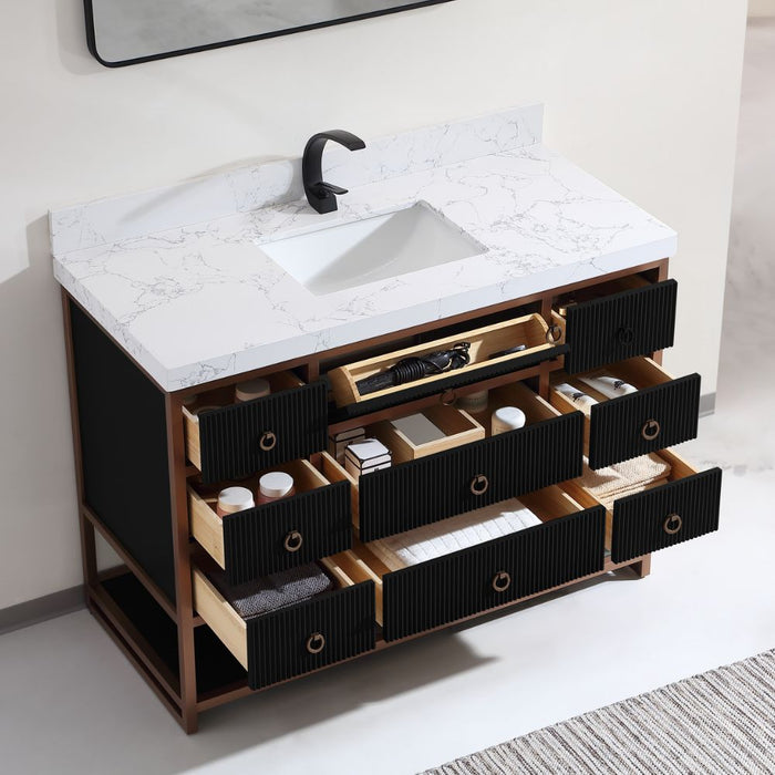 Fannie 48" Tricorn Black Oak Wood Bathroom Vanity with Golden Stainless Steel Frame - 8 Drawer Storage