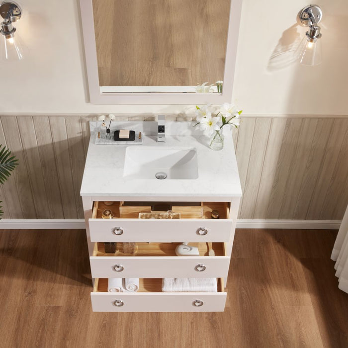 Wylie 36" Classic White Solid Wood Bathroom Vanity - 1" Stone Top, 3 Dovetail Drawers, Free-Standing
