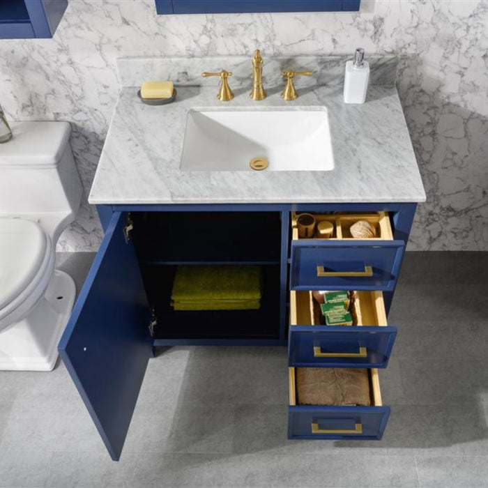 Estra 36" Blue Wood Vanity Cabinet with White Carrara Marble Top and Ceramic Sink - Modern 3-Drawer Design
