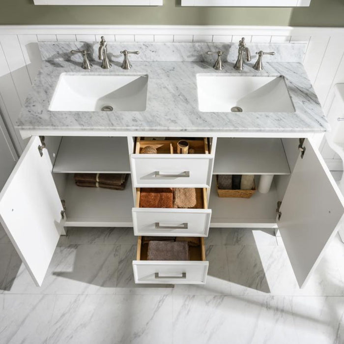 Barnstorm 54" White Modern Double Sink Bathroom Vanity with Carrara Marble Top & Storage Drawers