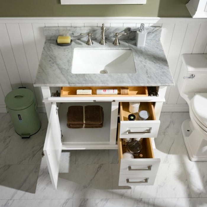 Mozaika 36" White Bathroom Vanity with Carrara Marble Countertop, Ceramic Sink & Tilt-Out Tray