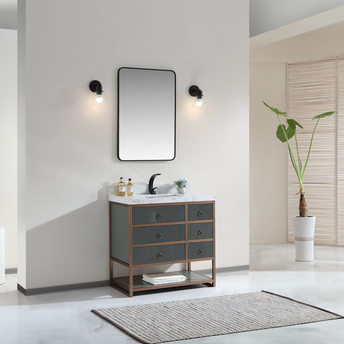 Napoleon Contemporary 36" Pewter Green Golden Brush Vanity Cabinet – Solid Oak Frame with White Ceramic Sink & Stone Top