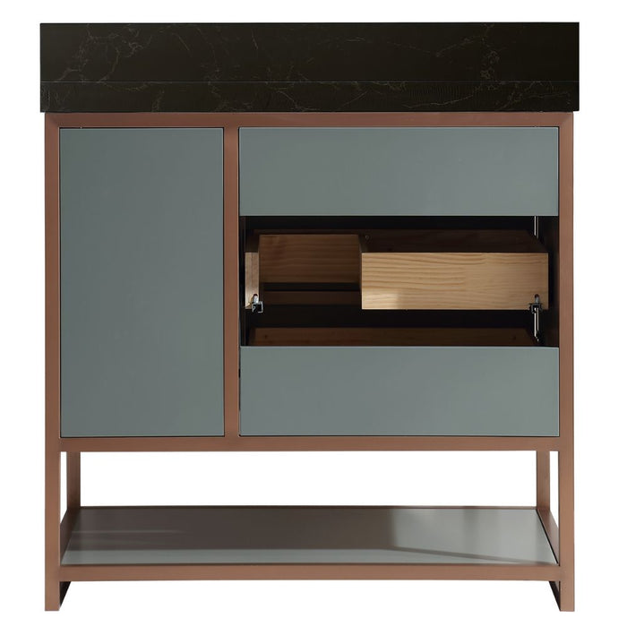 Norwich Modern Industrial 36" Single Sink Bathroom Vanity in Pewter Green – Golden Brush Steel & Oak Construction with Marble Top